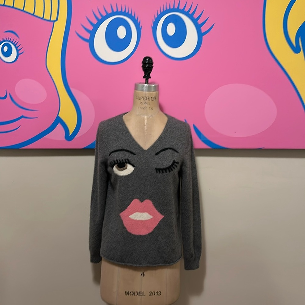 Moschino Cheap Chic Lips Eye Wink Cashmere Sweater Gray Pink Smile